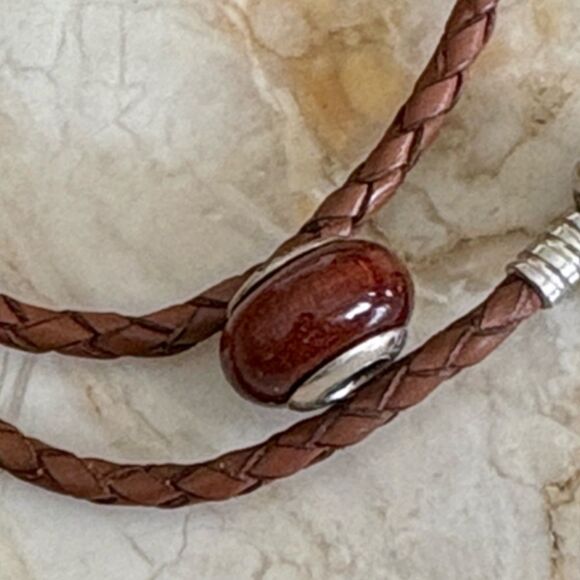 Pandora Leather Double Wrap Sterling Silver Barrel Clasp Bracelet & Pandora Bead - Picture 9 of 9